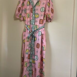 Pink Printed Button-Front Maxi Dress with Tie Waist